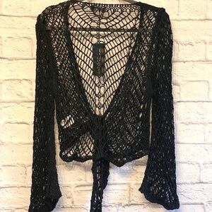 MADE IN ITALY BLACK TIE FRONT CROCHET SWEATER ONE SIZE